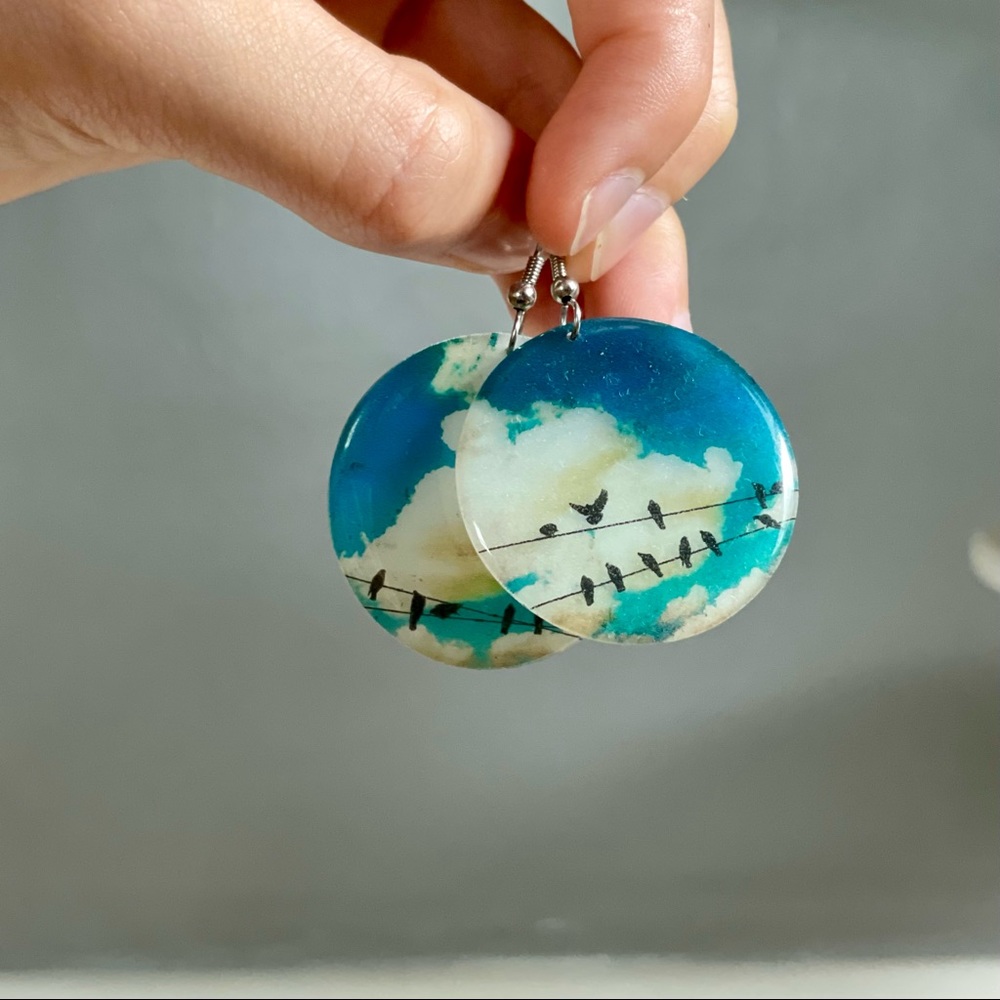 “Birds on a Telephone Wire” Round Acrylic Earrings
